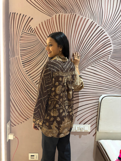 Brown Bandhani Kalamkari Printed Crepe Shirt