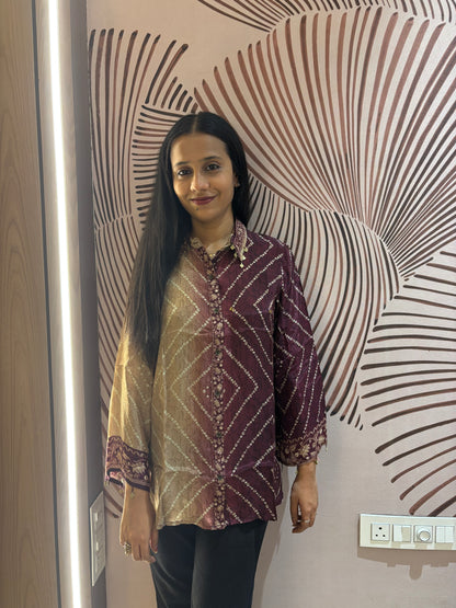 Maroon Bandhani Kalamkari Printed Crepe Shirt