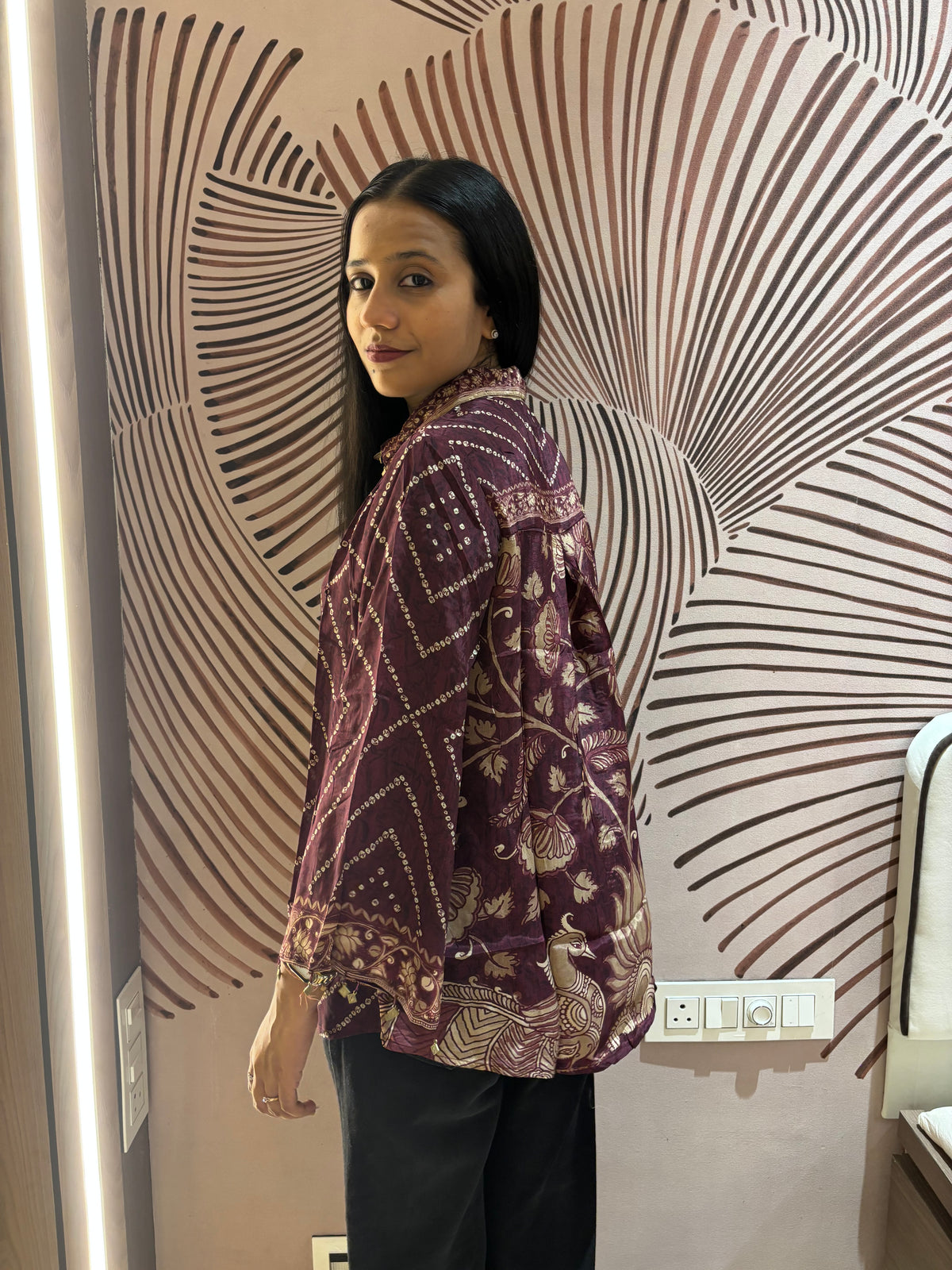 Maroon Bandhani Kalamkari Printed Crepe Shirt