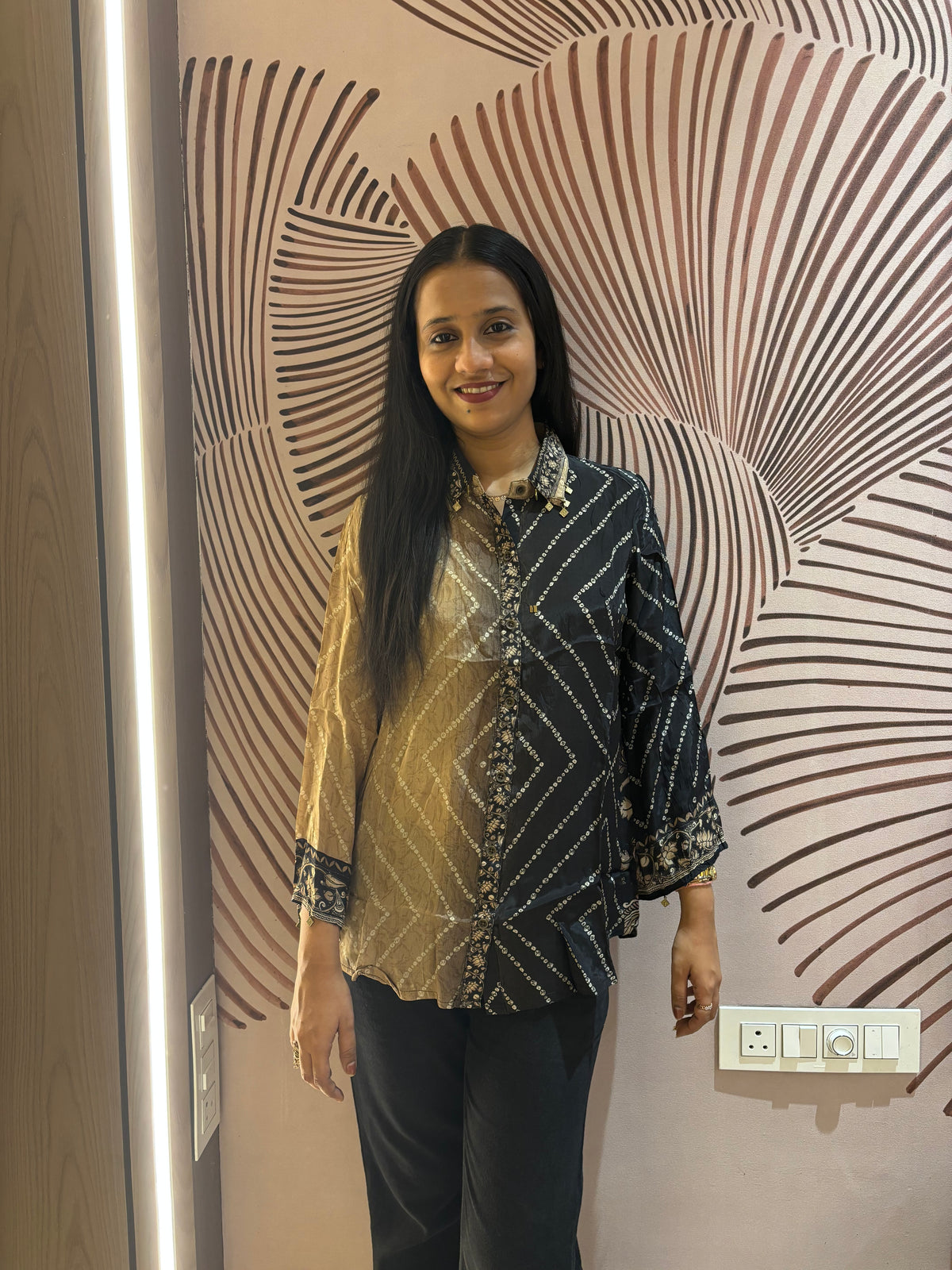 Black Bandhani Kalamkari Printed Crepe Shirt