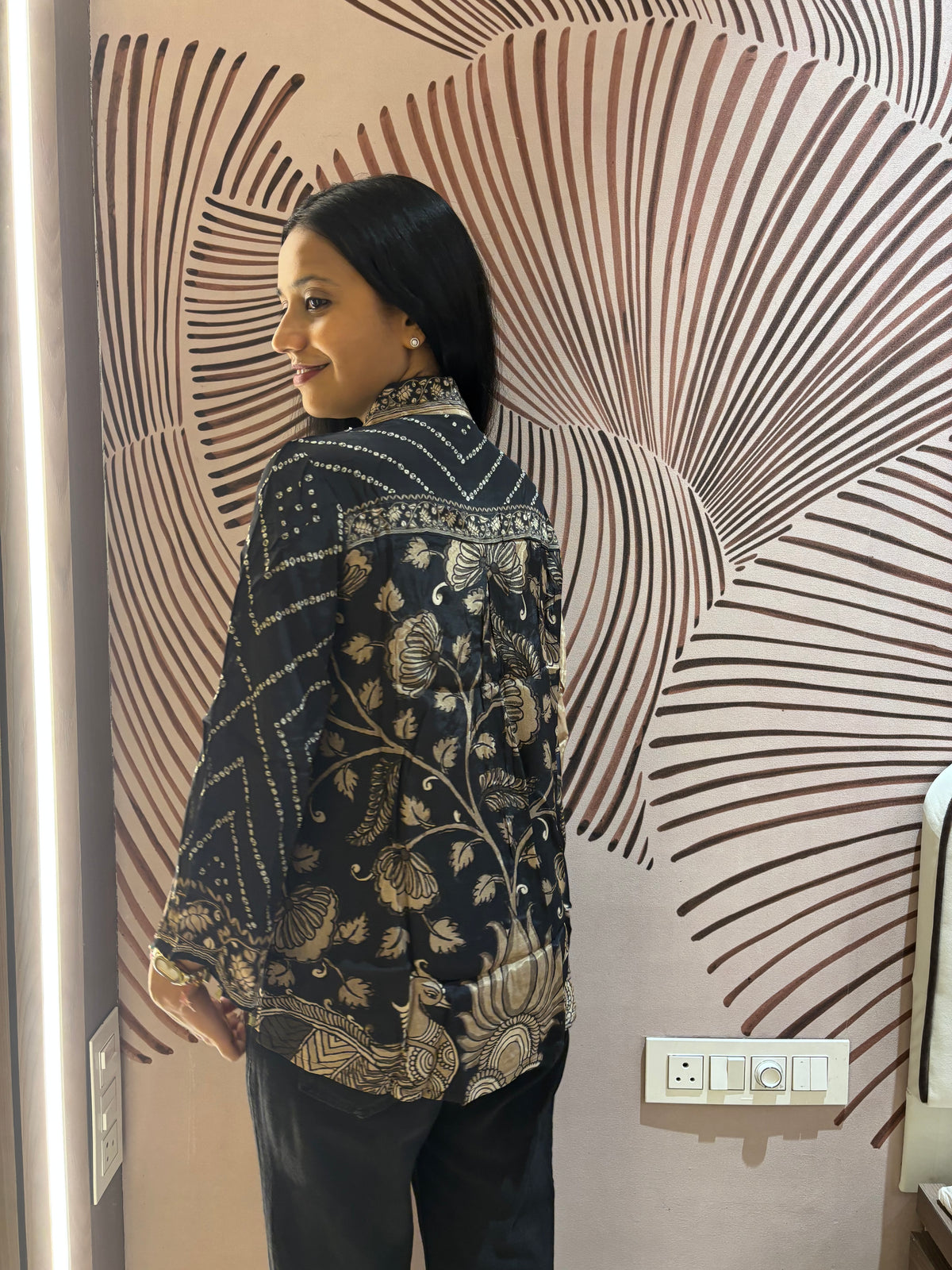 Black Bandhani Kalamkari Printed Crepe Shirt
