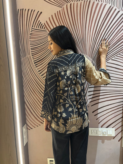 Black Bandhani Kalamkari Printed Crepe Shirt