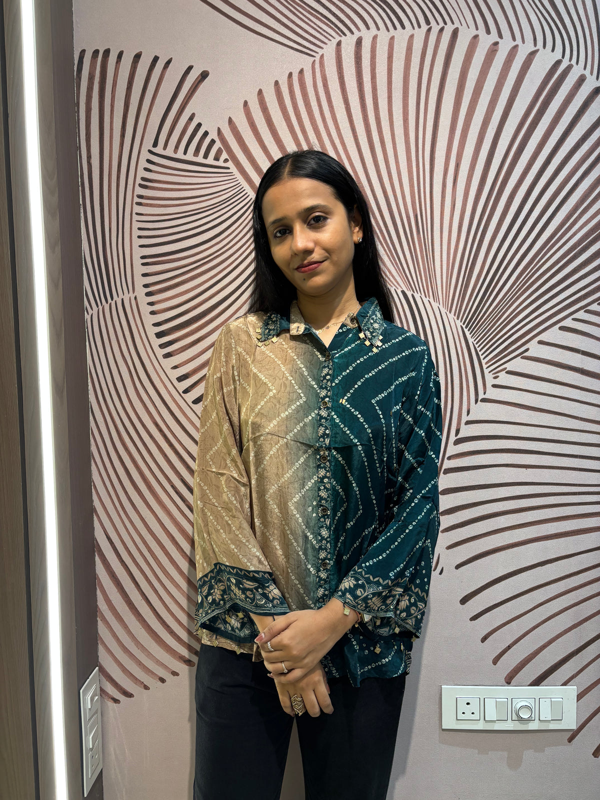 Green Bandhani Kalamkari Printed Crepe Shirt