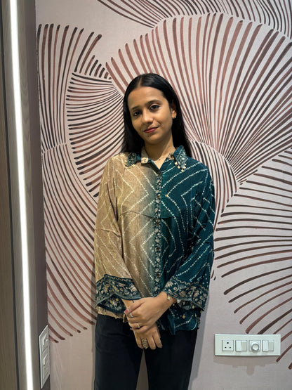 Green Bandhani Kalamkari Printed Crepe Shirt