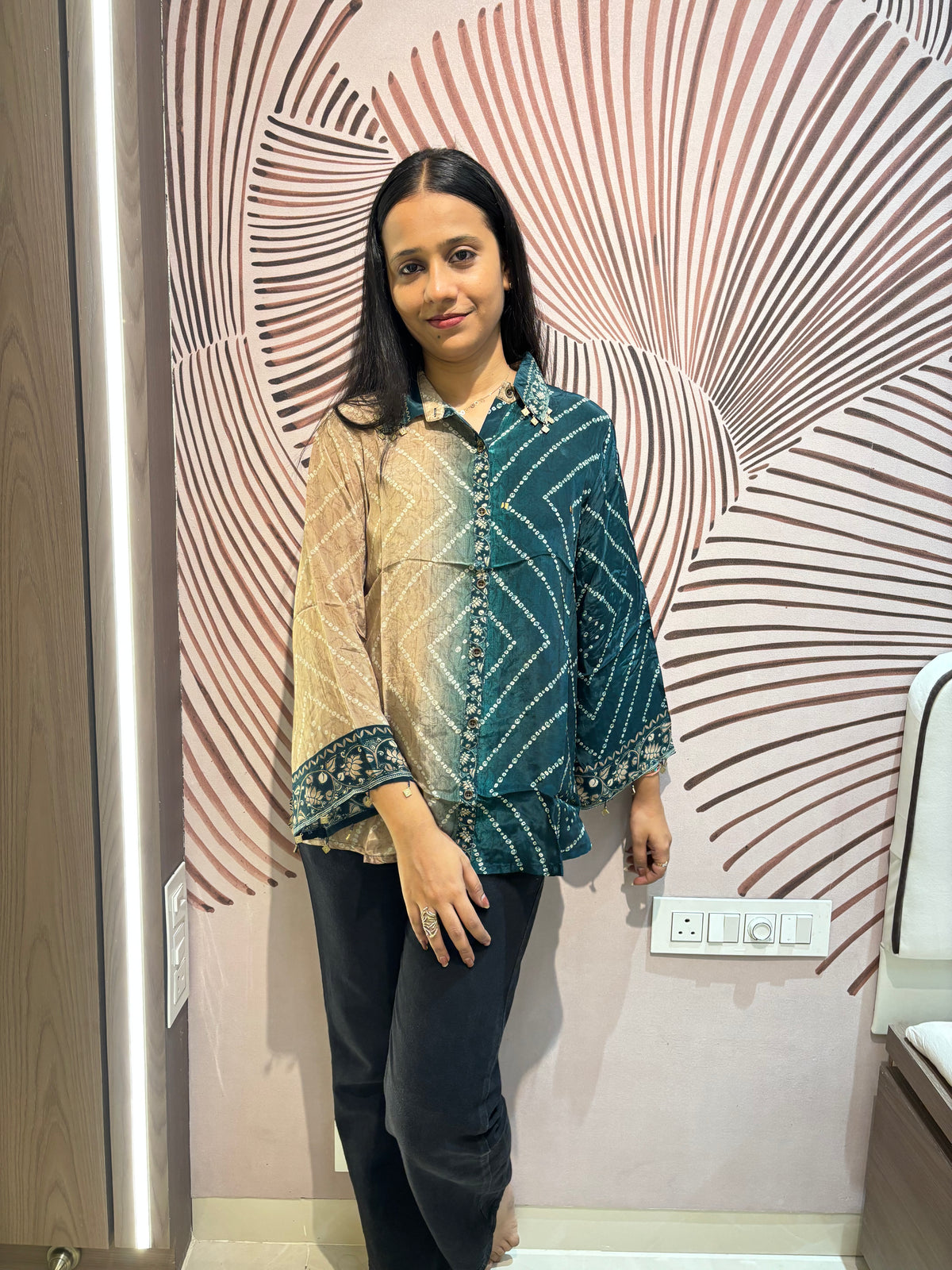 Green Bandhani Kalamkari Printed Crepe Shirt