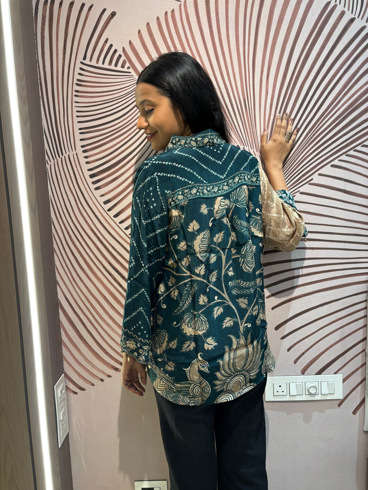 Green Bandhani Kalamkari Printed Crepe Shirt