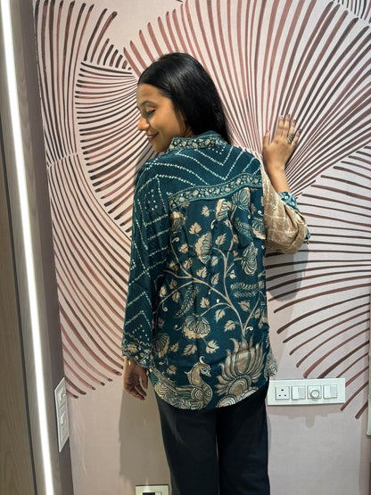 Green Bandhani Kalamkari Printed Crepe Shirt