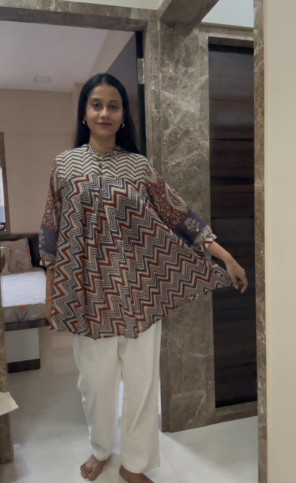 Purple Red Chevron Print Fusion A-Line Kurti
