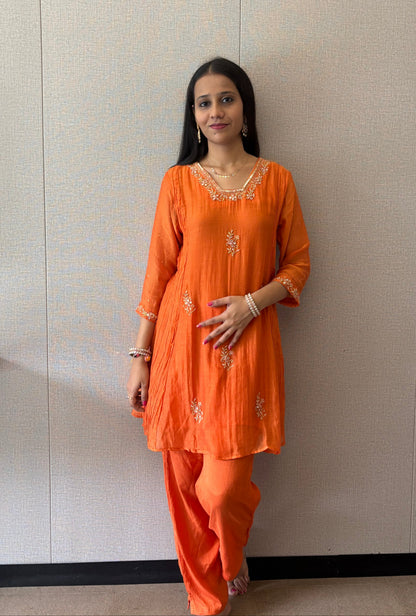 Indowestern Embroidered Mul Chanderi Kurta Set - Suit Set Kurti Pant Dupatta Set