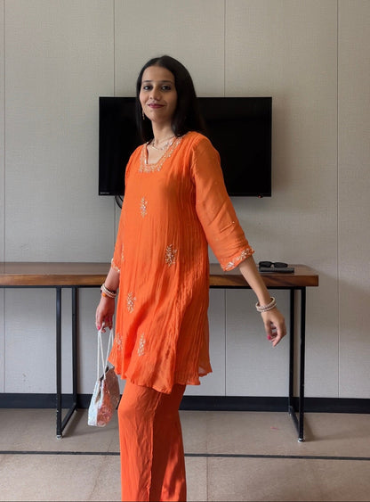 Indowestern Embroidered Mul Chanderi Kurta Set - Orange / M - Suit Set Kurti Pant Dupatta Set