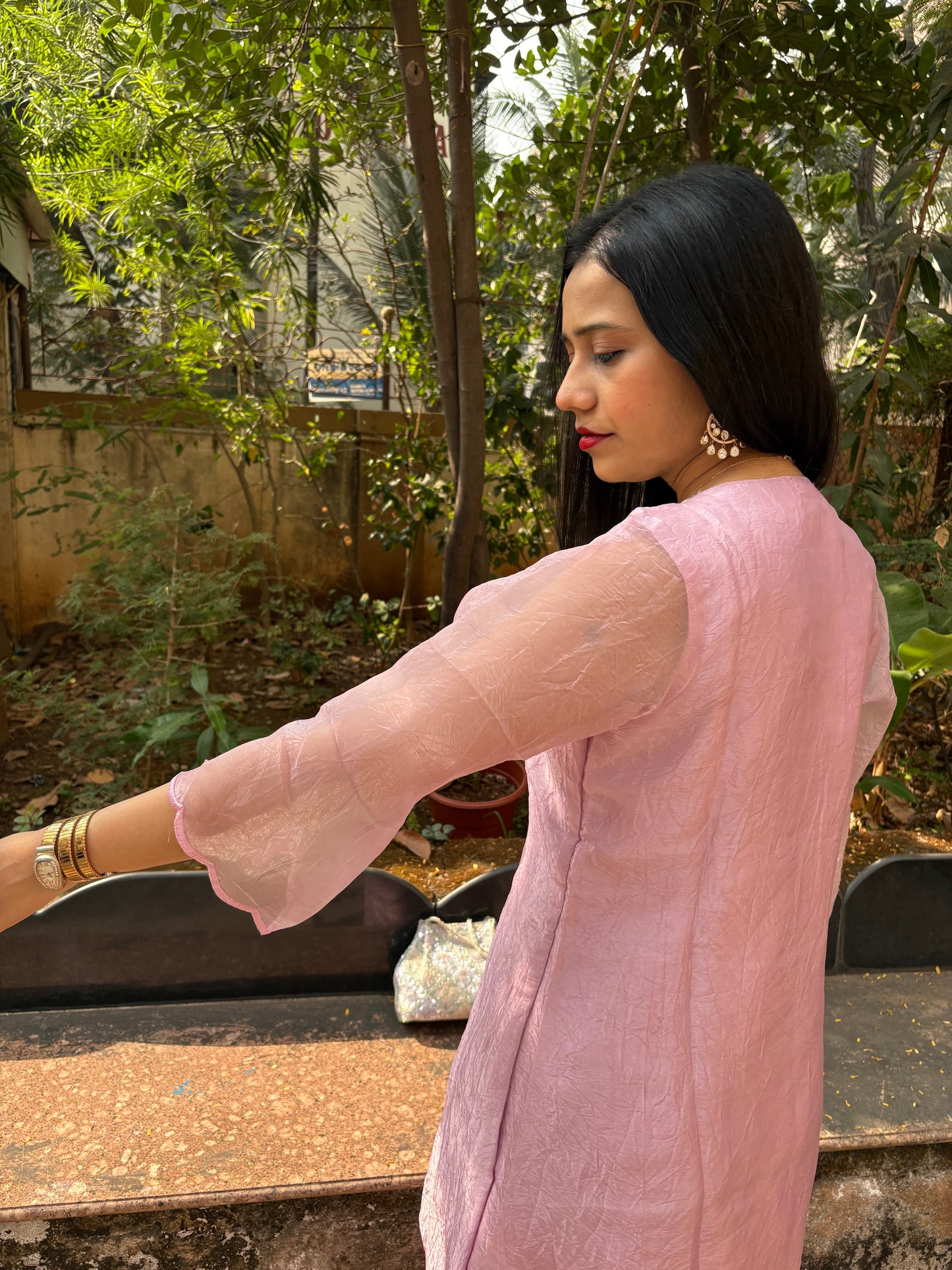 Crush Tissue Mirror Work Indo-western Kurta Set