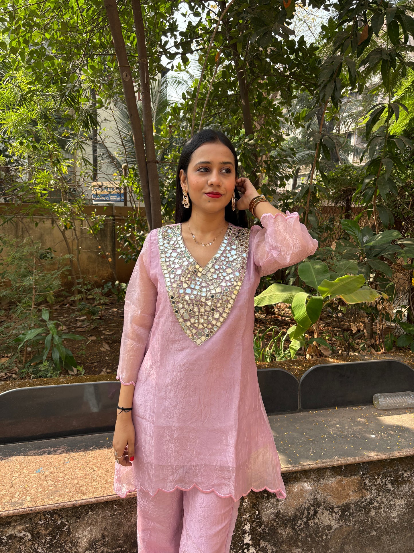 Crush Tissue Mirror Work Indo-western Kurta Set