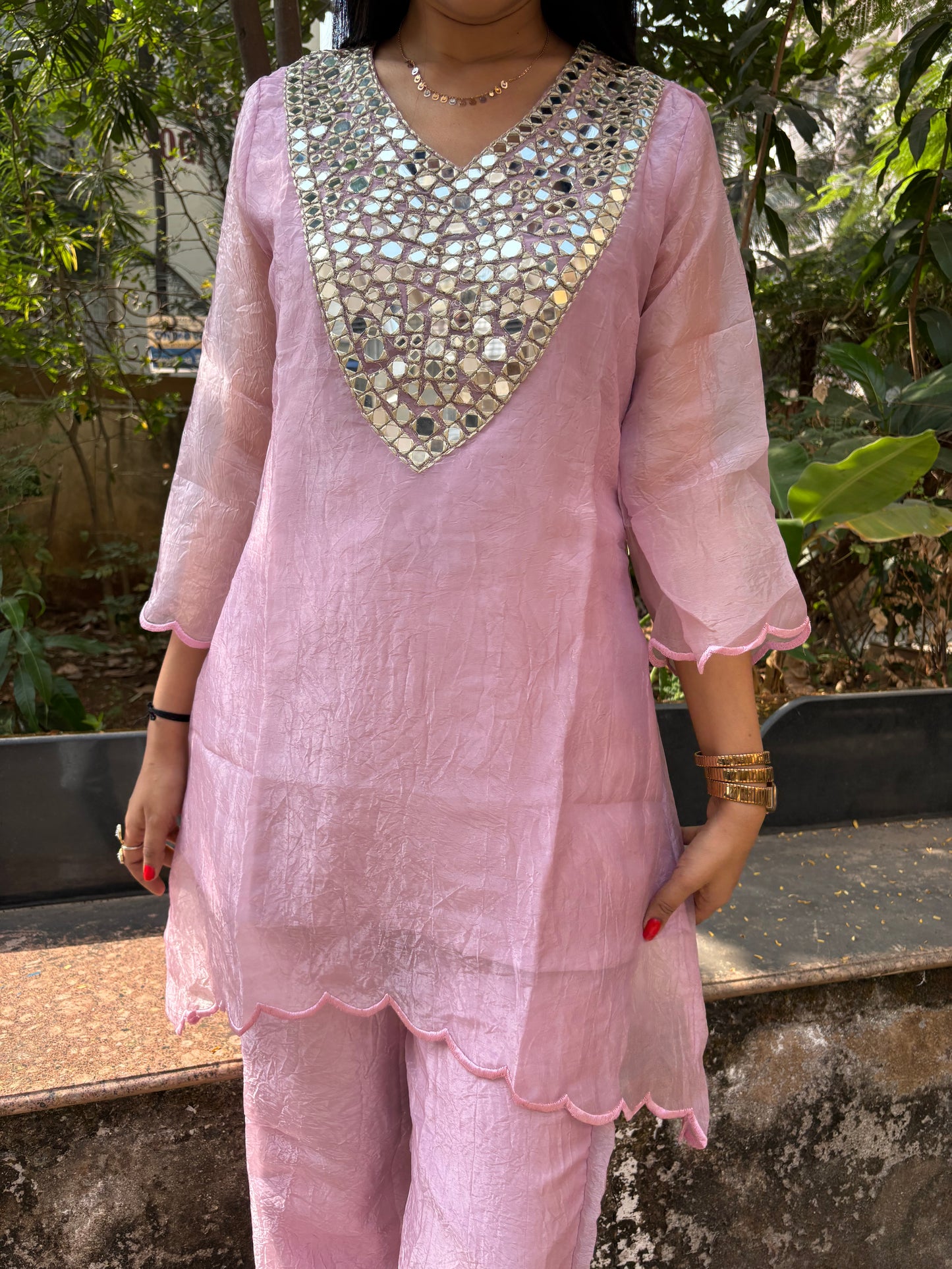 Crush Tissue Mirror Work Indo-western Kurta Set