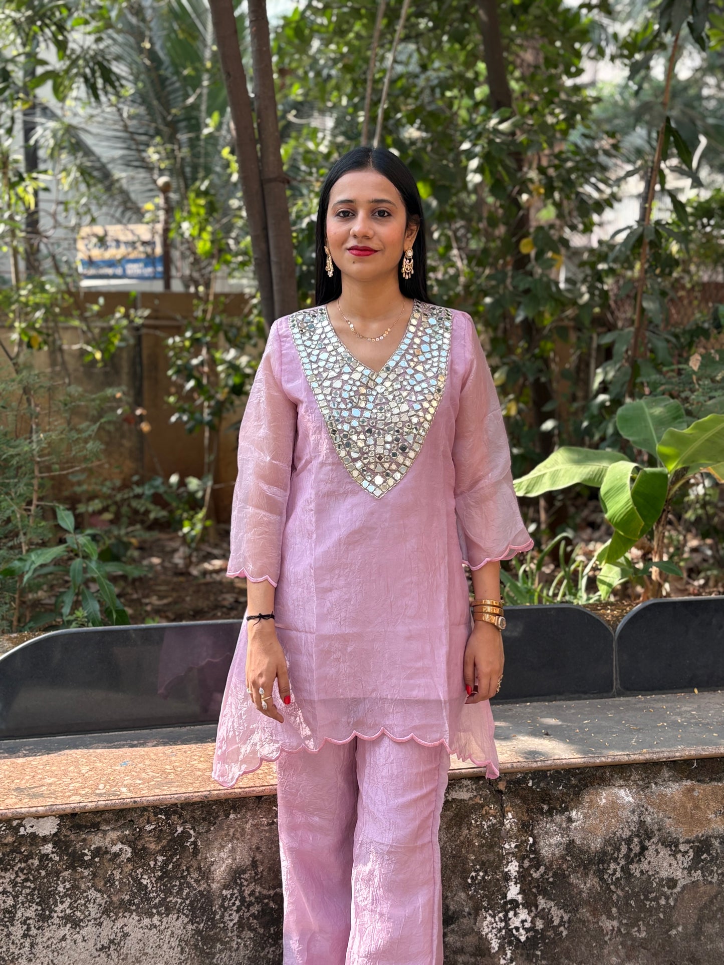 Crush Tissue Mirror Work Indo-western Kurta Set