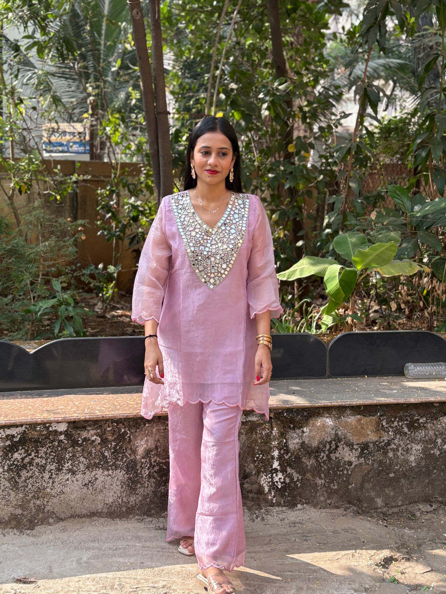 Crush Tissue Mirror Work Indo-western Kurta Set