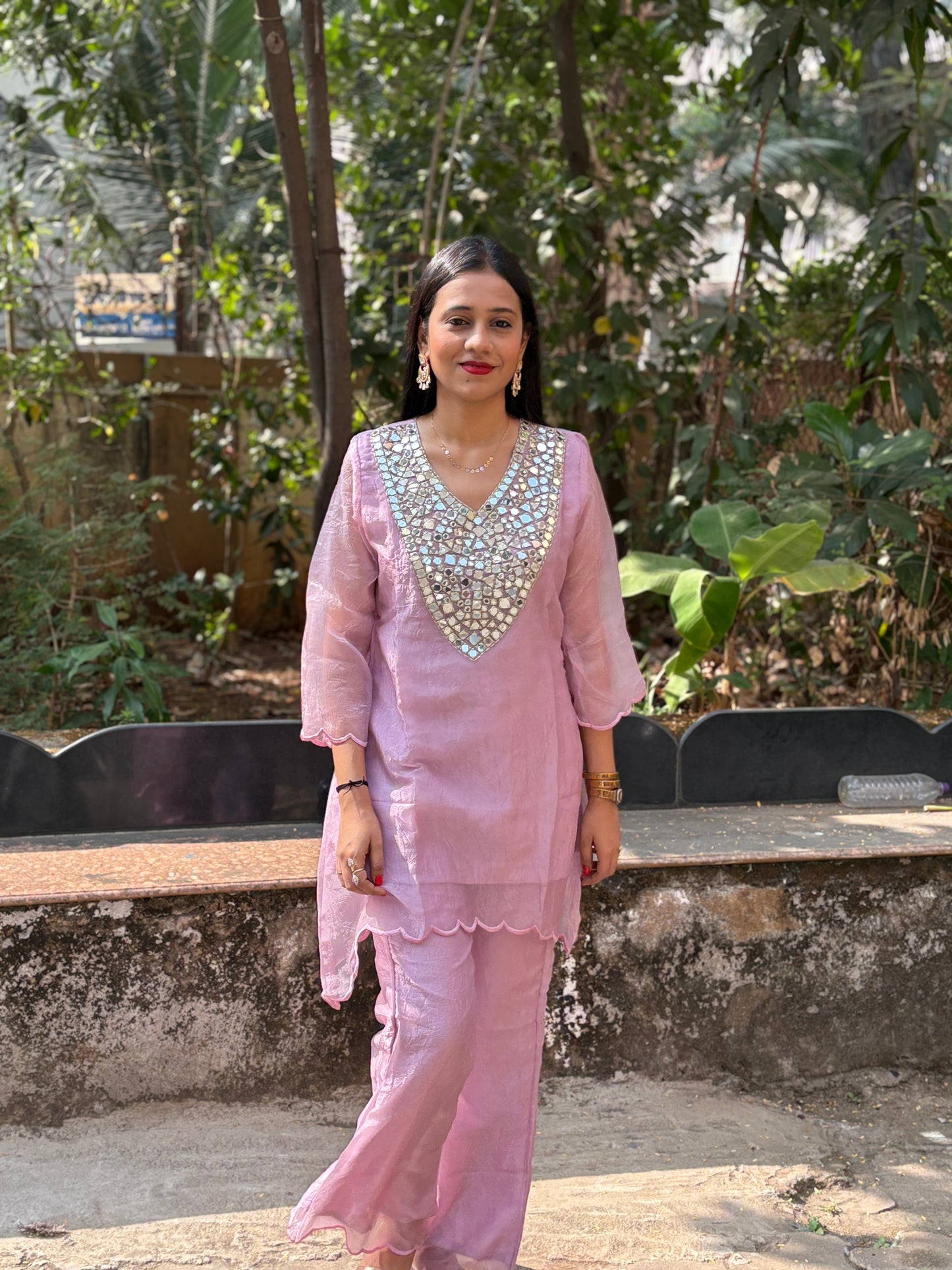 Crush Tissue Mirror Work Indo-western Kurta Set