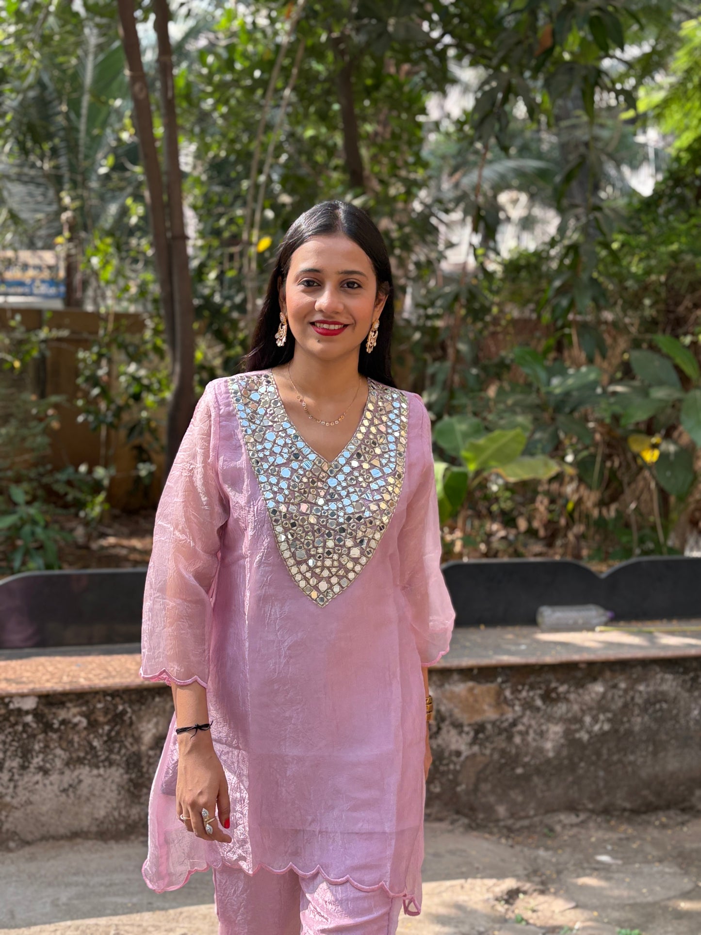 Crush Tissue Mirror Work Indo-western Kurta Set