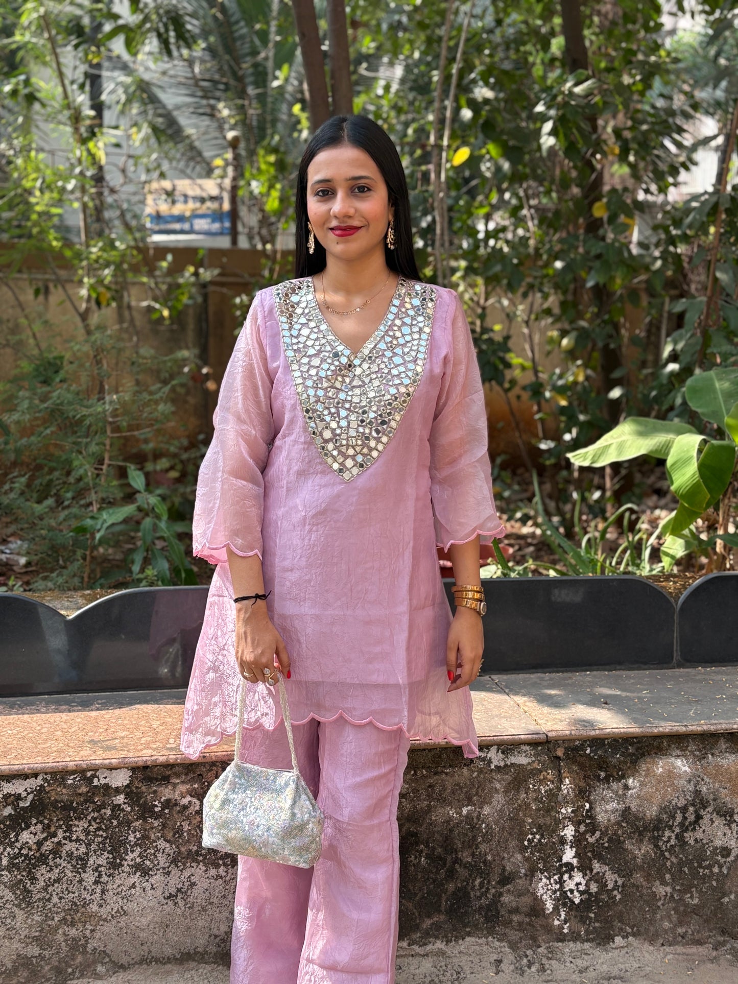 Crush Tissue Mirror Work Indo-western Kurta Set