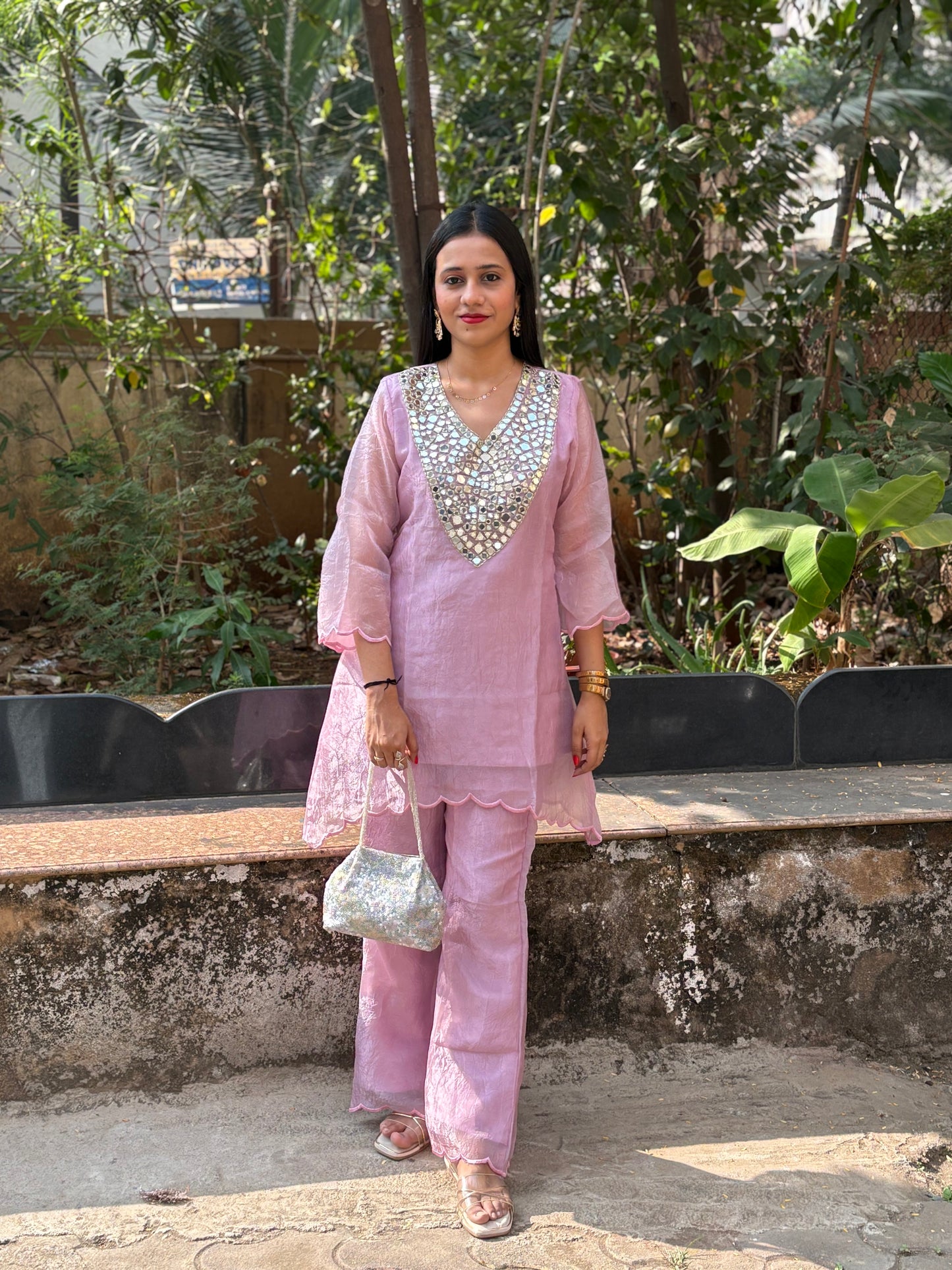 Crush Tissue Mirror Work Indo-western Kurta Set