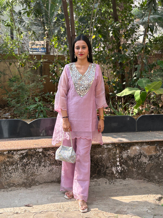 Crush Tissue Mirror Work Indo-western Kurta Set