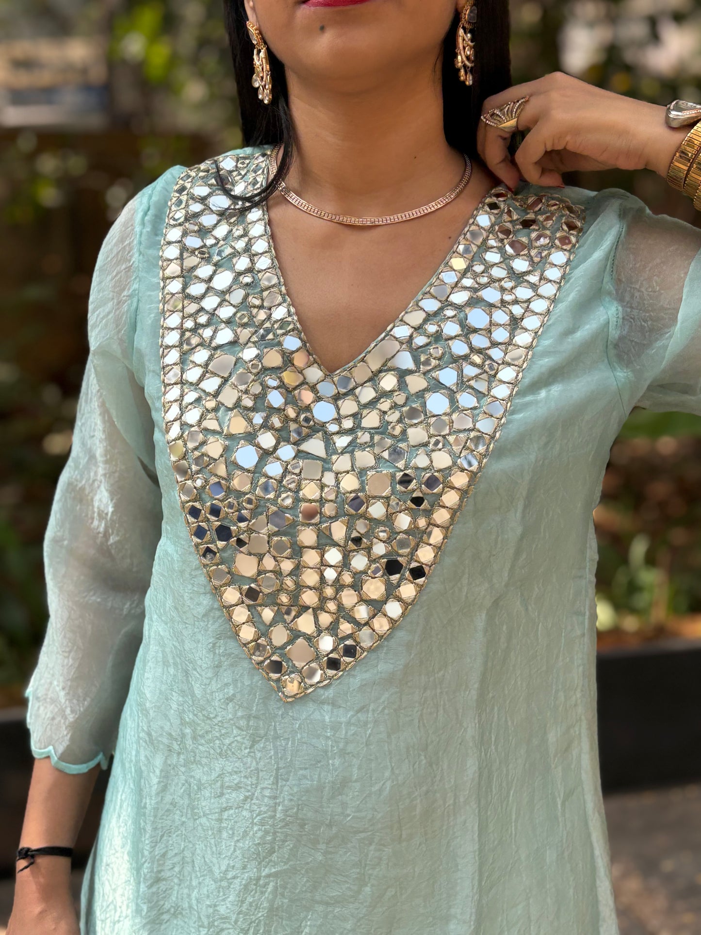 Crush Tissue Mirror Work Indo-western Kurta Set