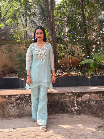 Crush Tissue Mirror Work Indo-western Kurta Set