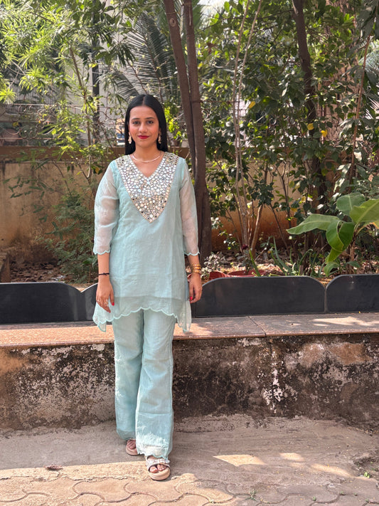 Crush Tissue Mirror Work Indo-western Kurta Set