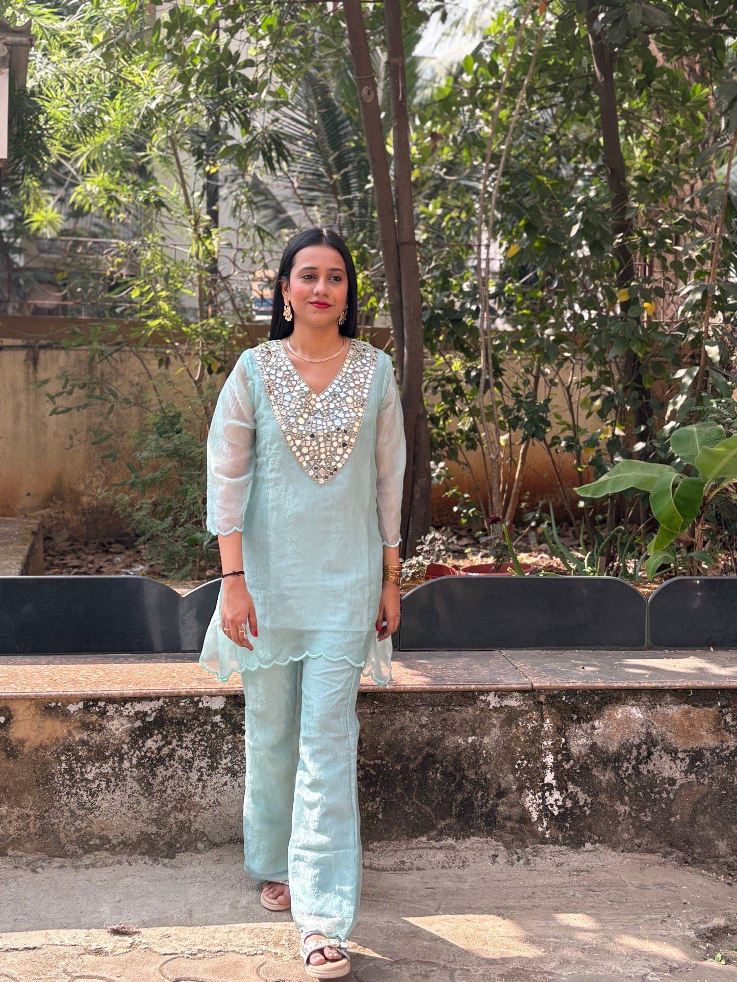 Crush Tissue Mirror Work Indo-western Kurta Set