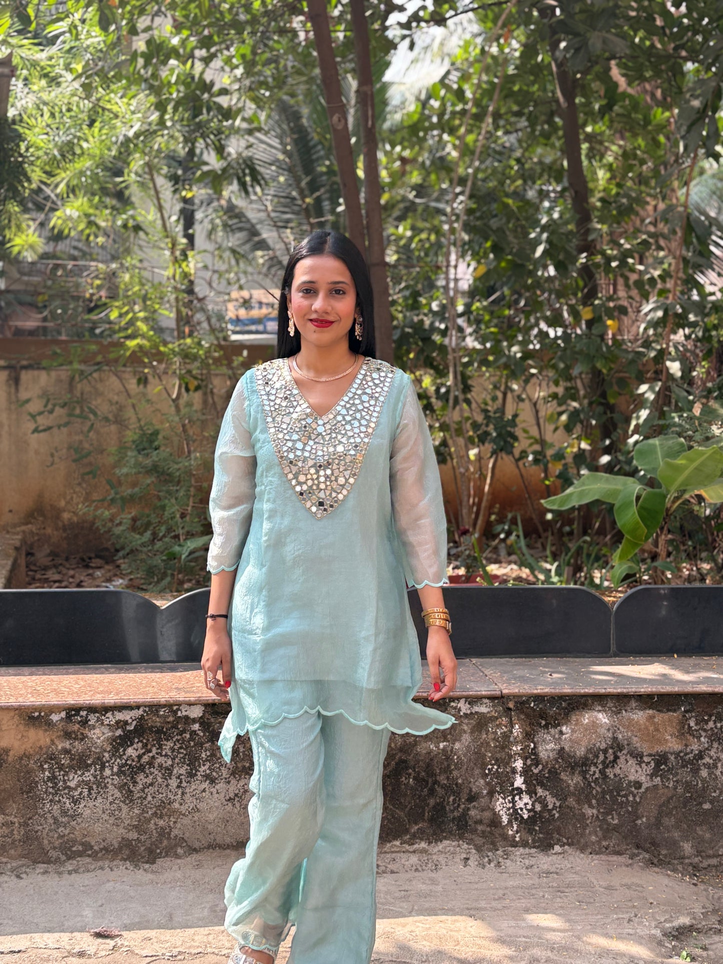 Crush Tissue Mirror Work Indo-western Kurta Set