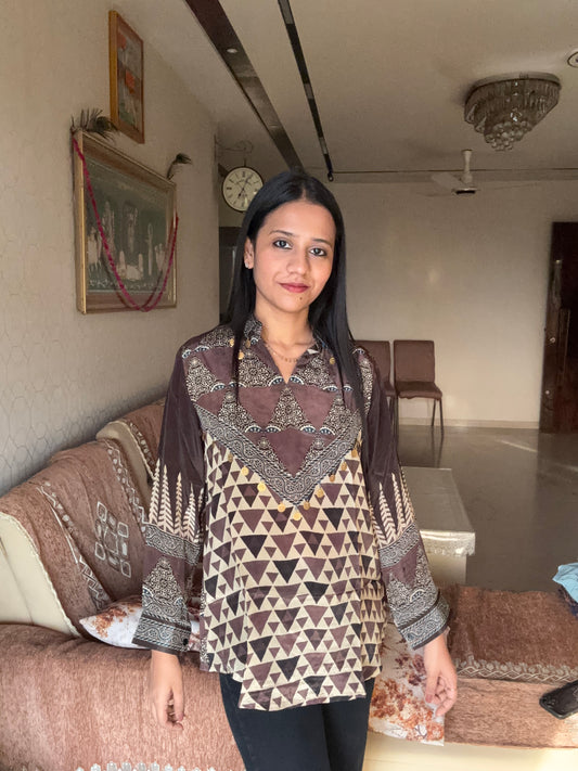 Deep Brown Ajrakh Printed Indo-Western Crepe Shirt Top