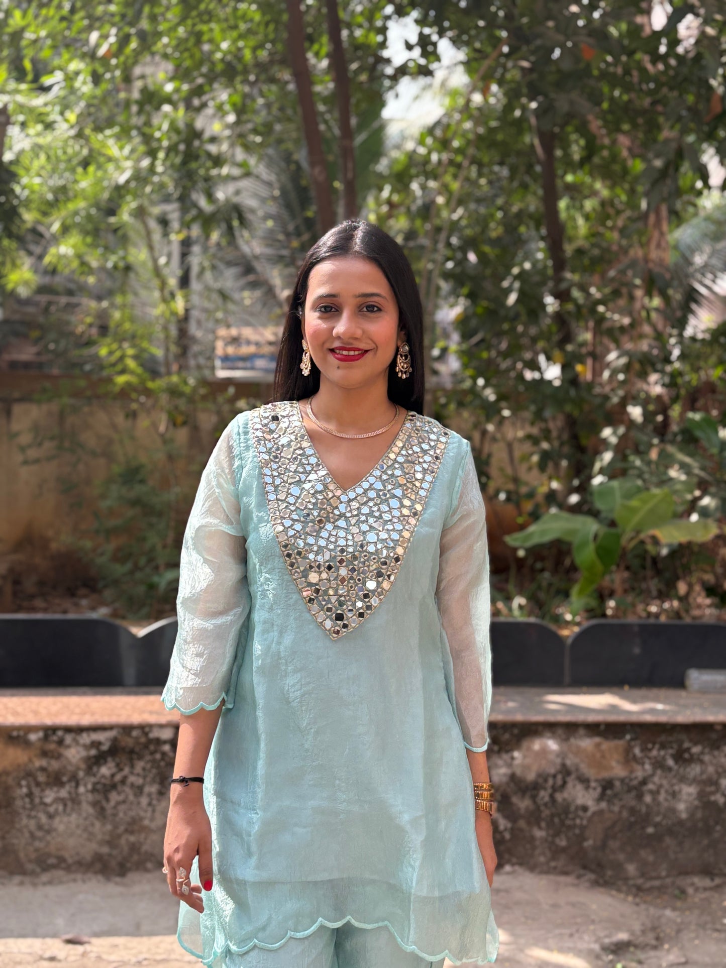 Crush Tissue Mirror Work Indo-western Kurta Set