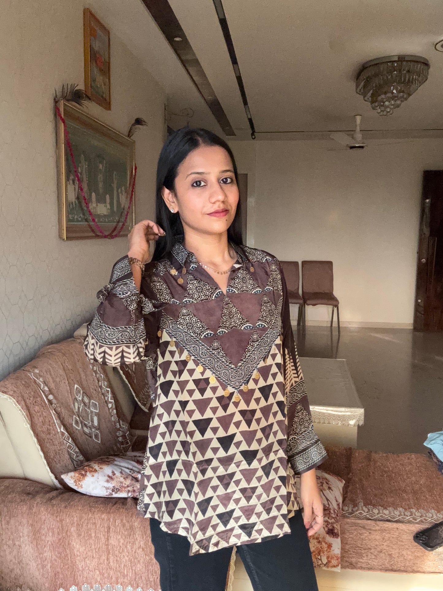 Deep Brown Ajrakh Printed Indo-Western Crepe Shirt Top