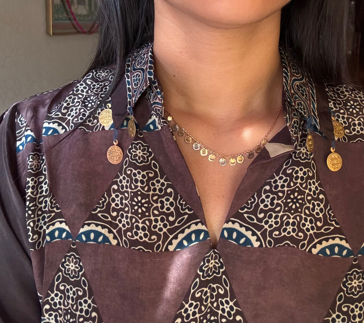 Deep Brown Ajrakh Printed Indo-Western Crepe Shirt Top
