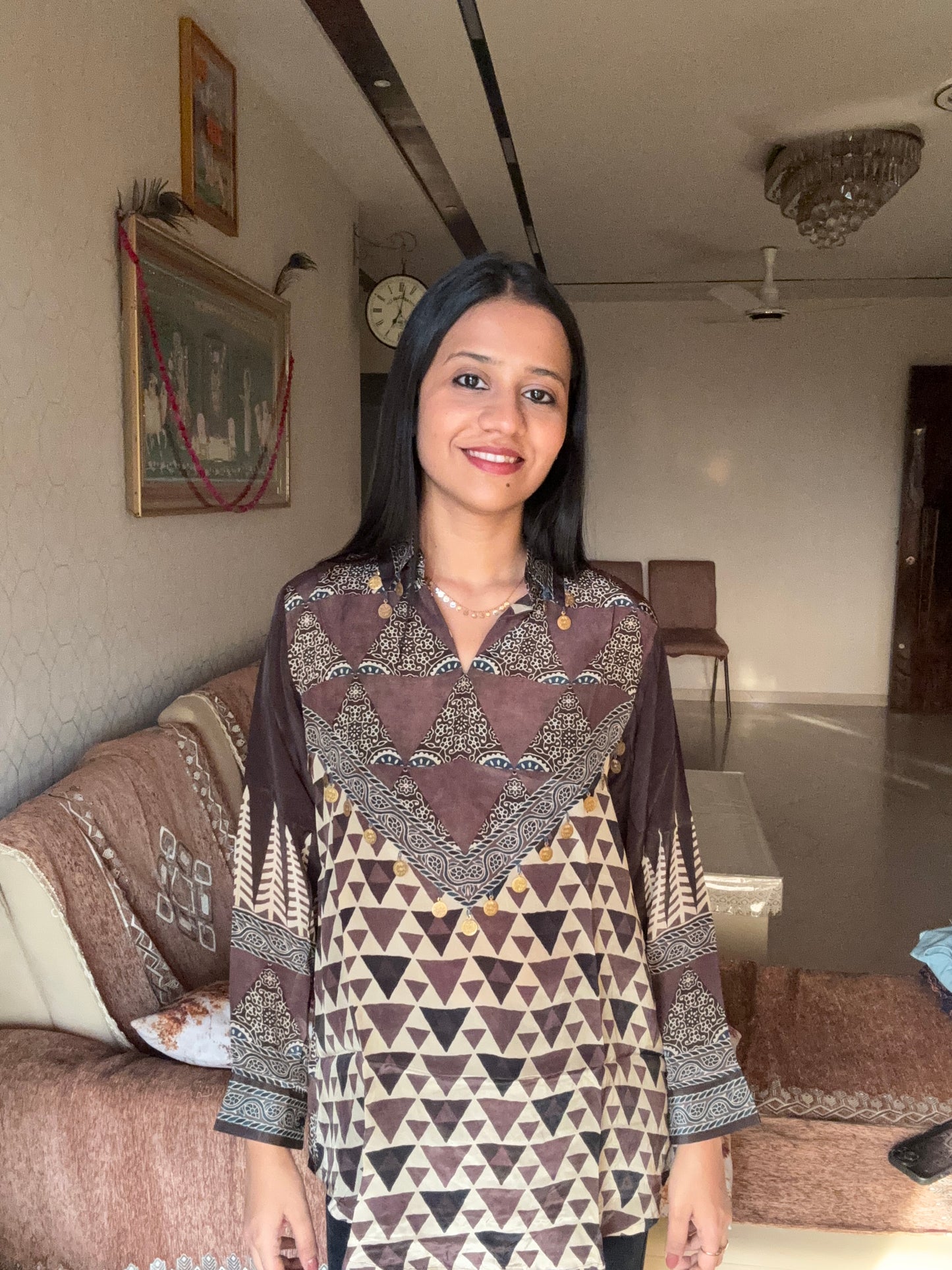 Deep Brown Ajrakh Printed Indo-Western Crepe Shirt Top