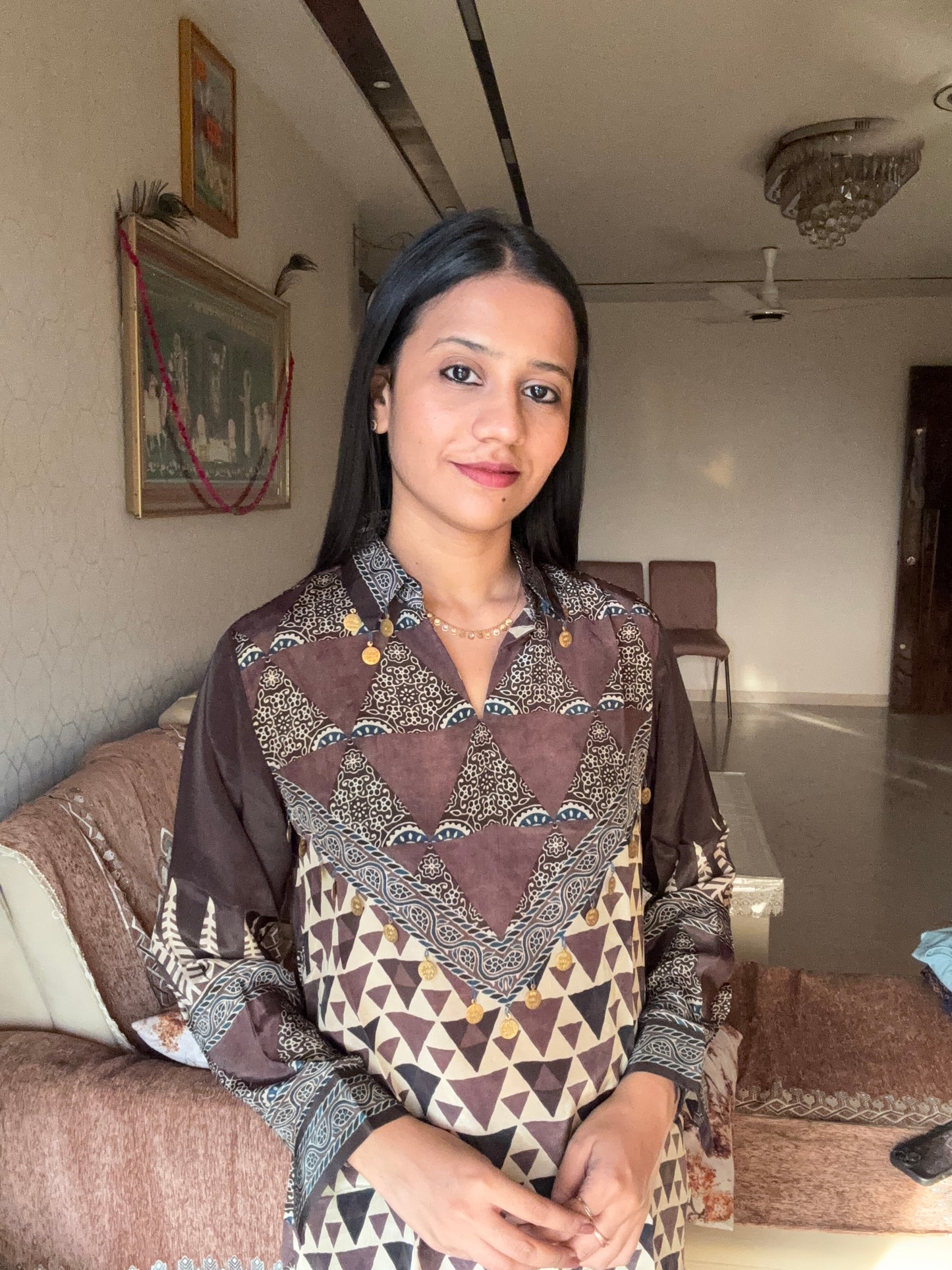 Deep Brown Ajrakh Printed Indo-Western Crepe Shirt Top