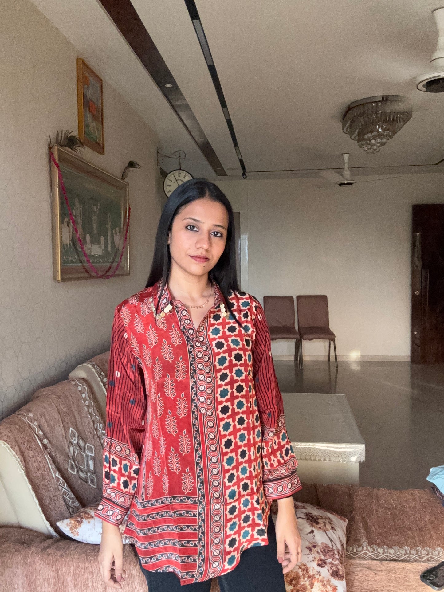 Red Ajrakh Printed Indo-Western Crepe Shirt Top