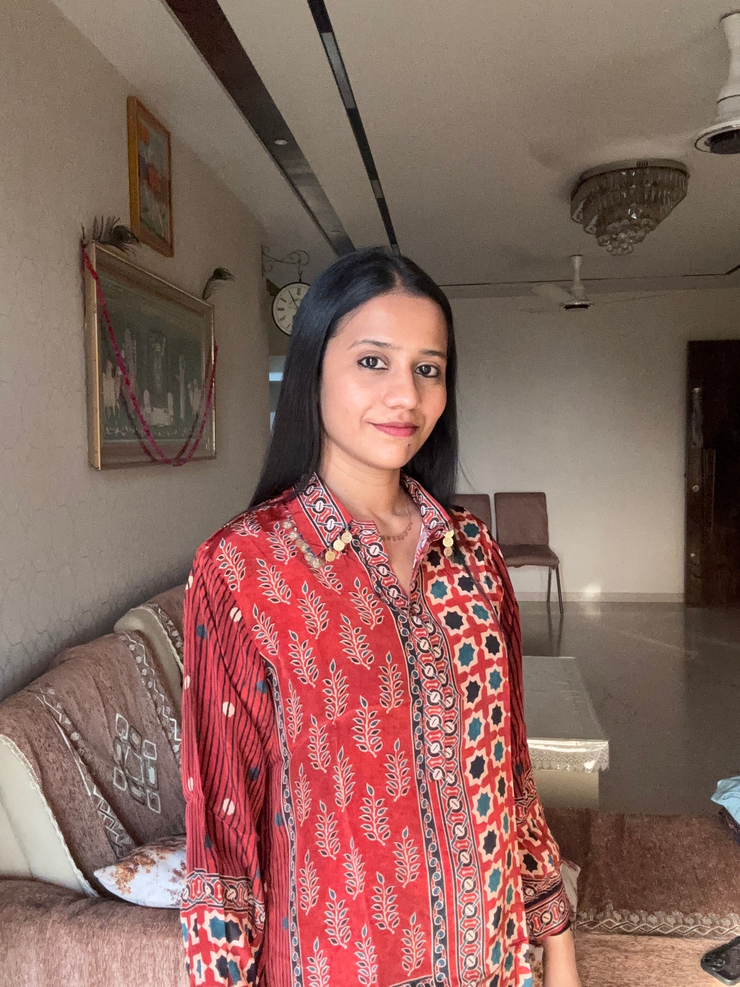 Red Ajrakh Printed Indo-Western Crepe Shirt Top