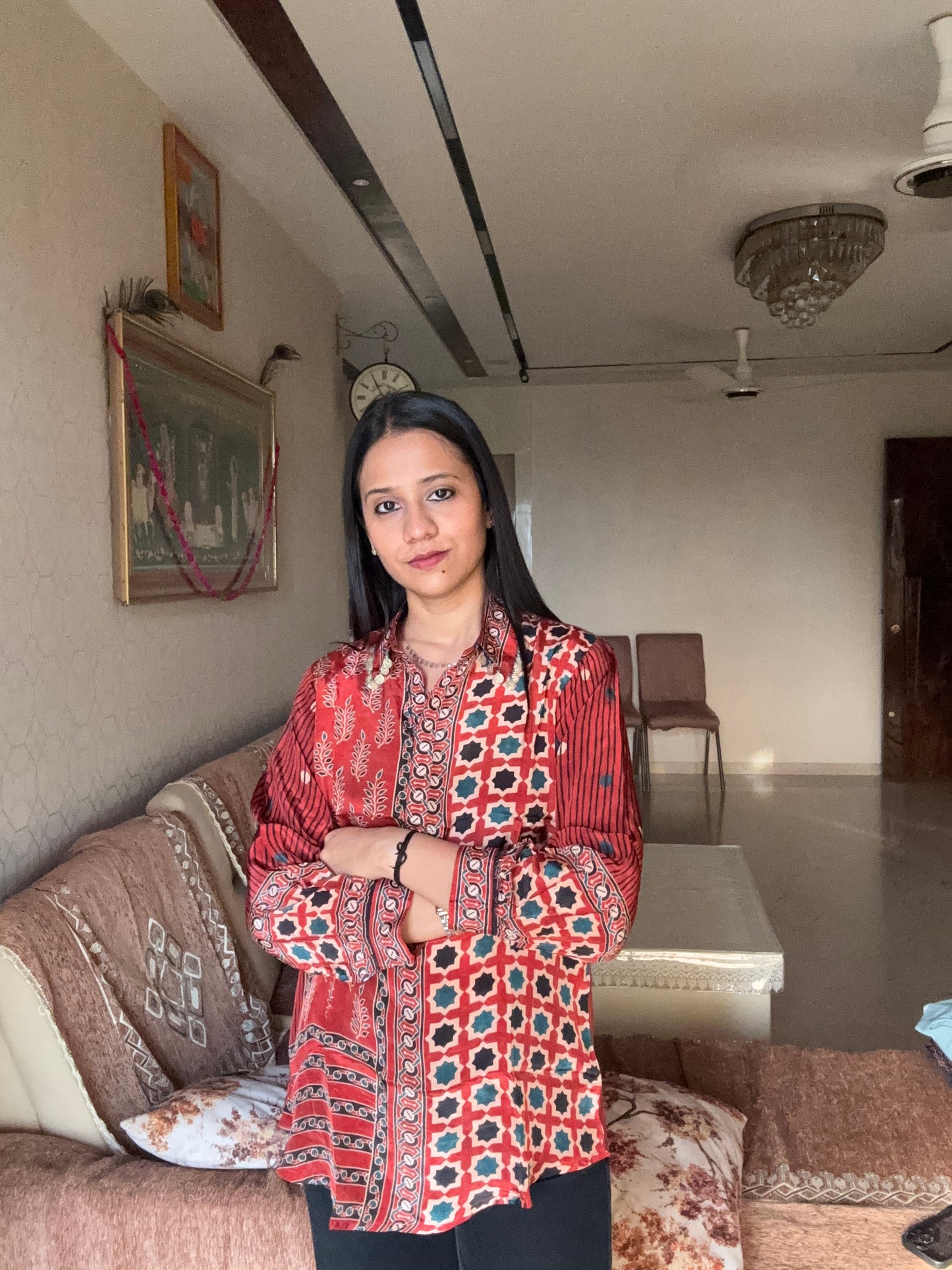 Red Ajrakh Printed Indo-Western Crepe Shirt Top