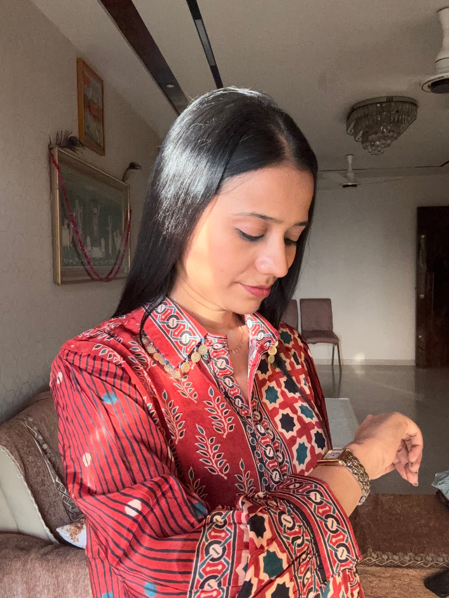 Red Ajrakh Printed Indo-Western Crepe Shirt Top