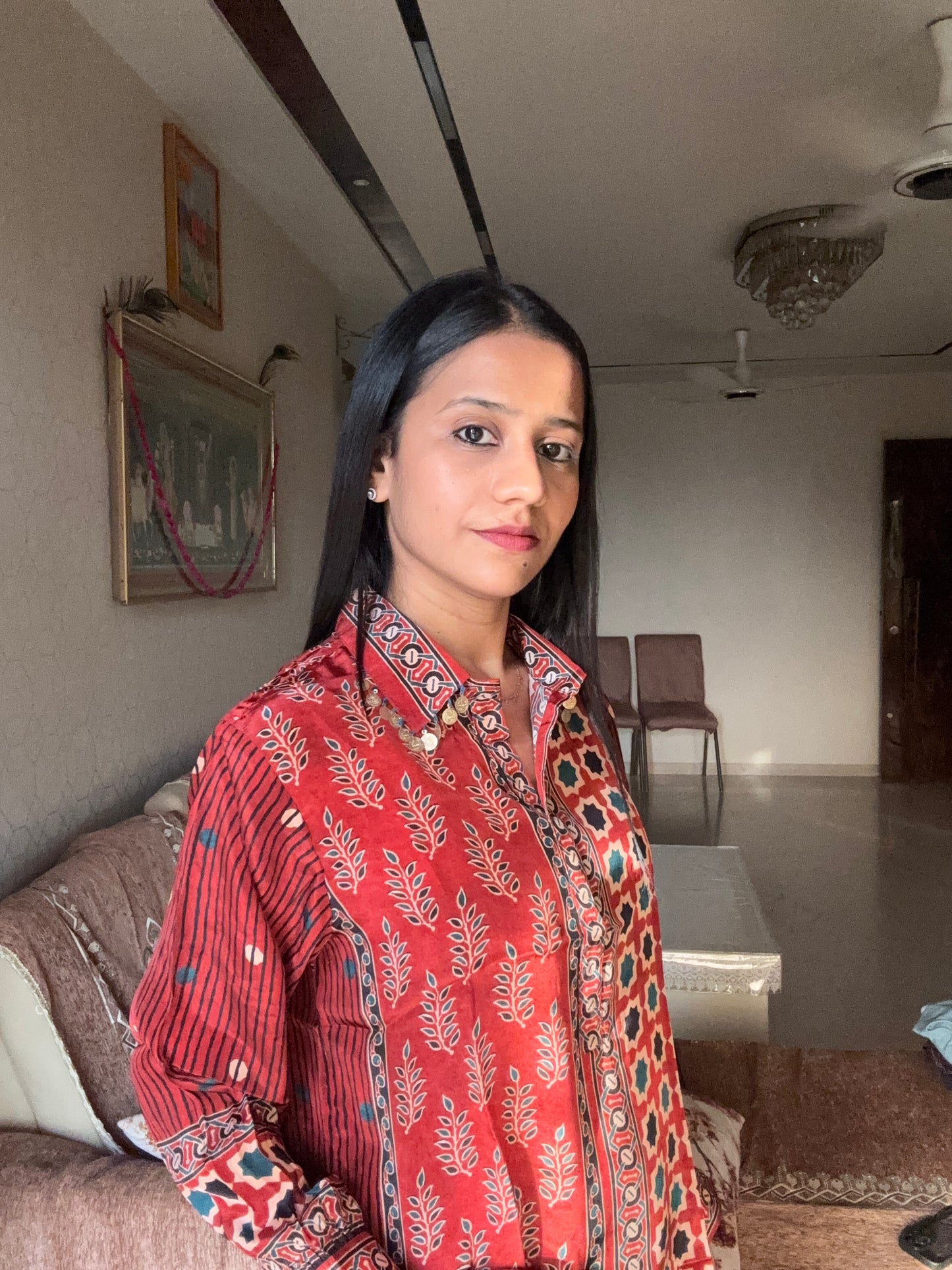 Red Ajrakh Printed Indo-Western Crepe Shirt Top