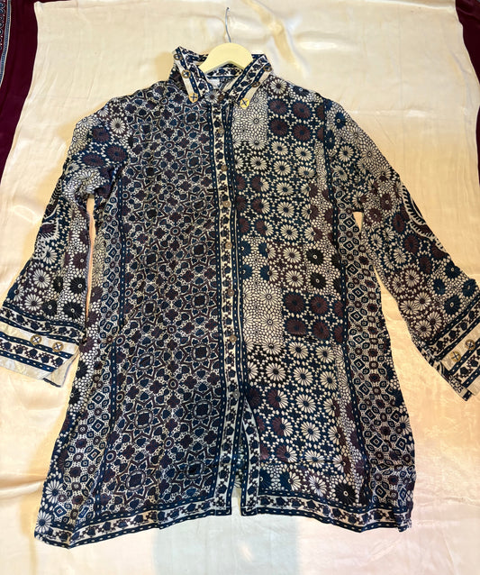 Beige Ajrakh Printed Indo-Western Crepe Shirt Top