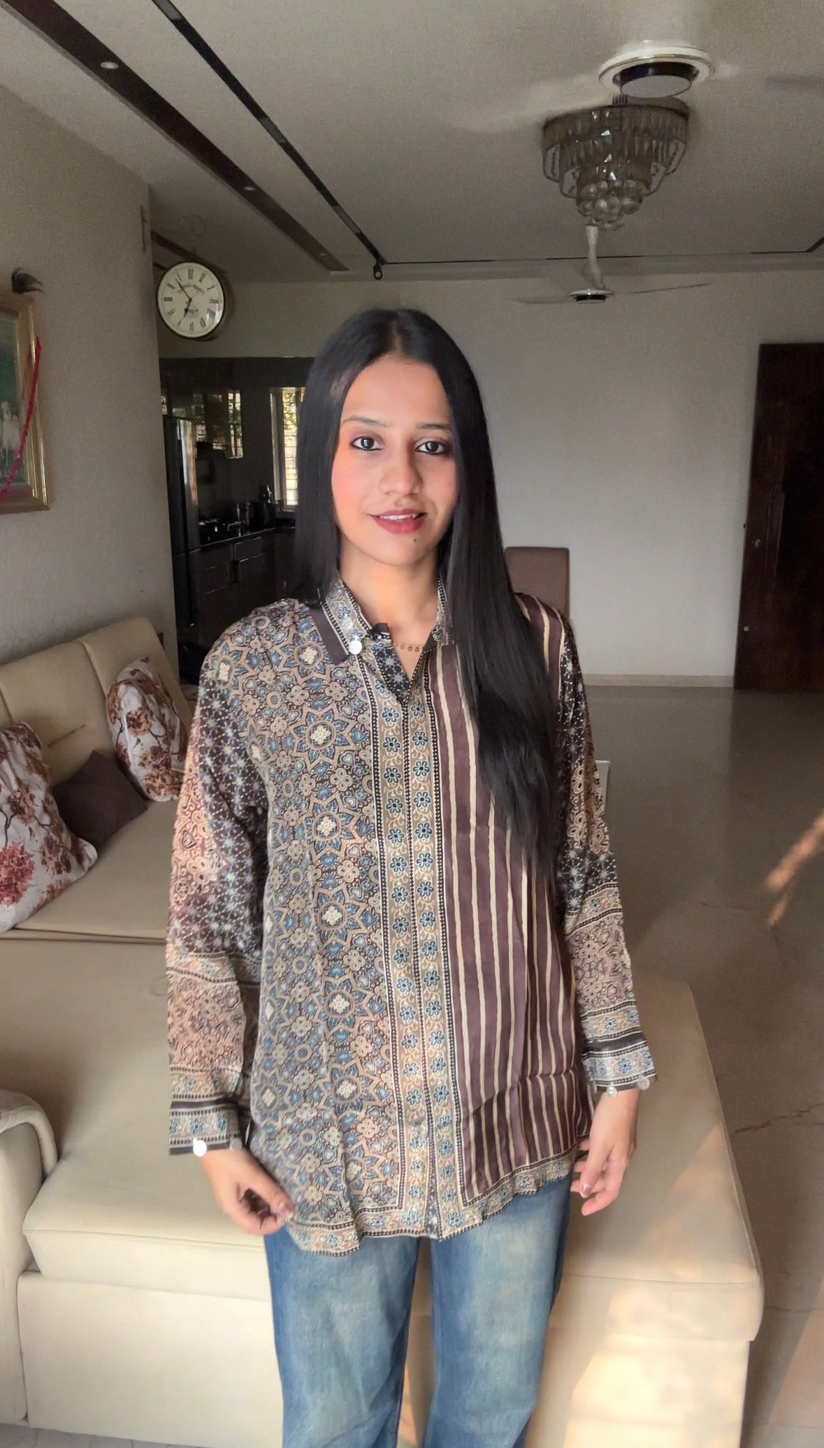 Stripe Brown Ajrakh Printed Indo-Western Crepe Shirt Top
