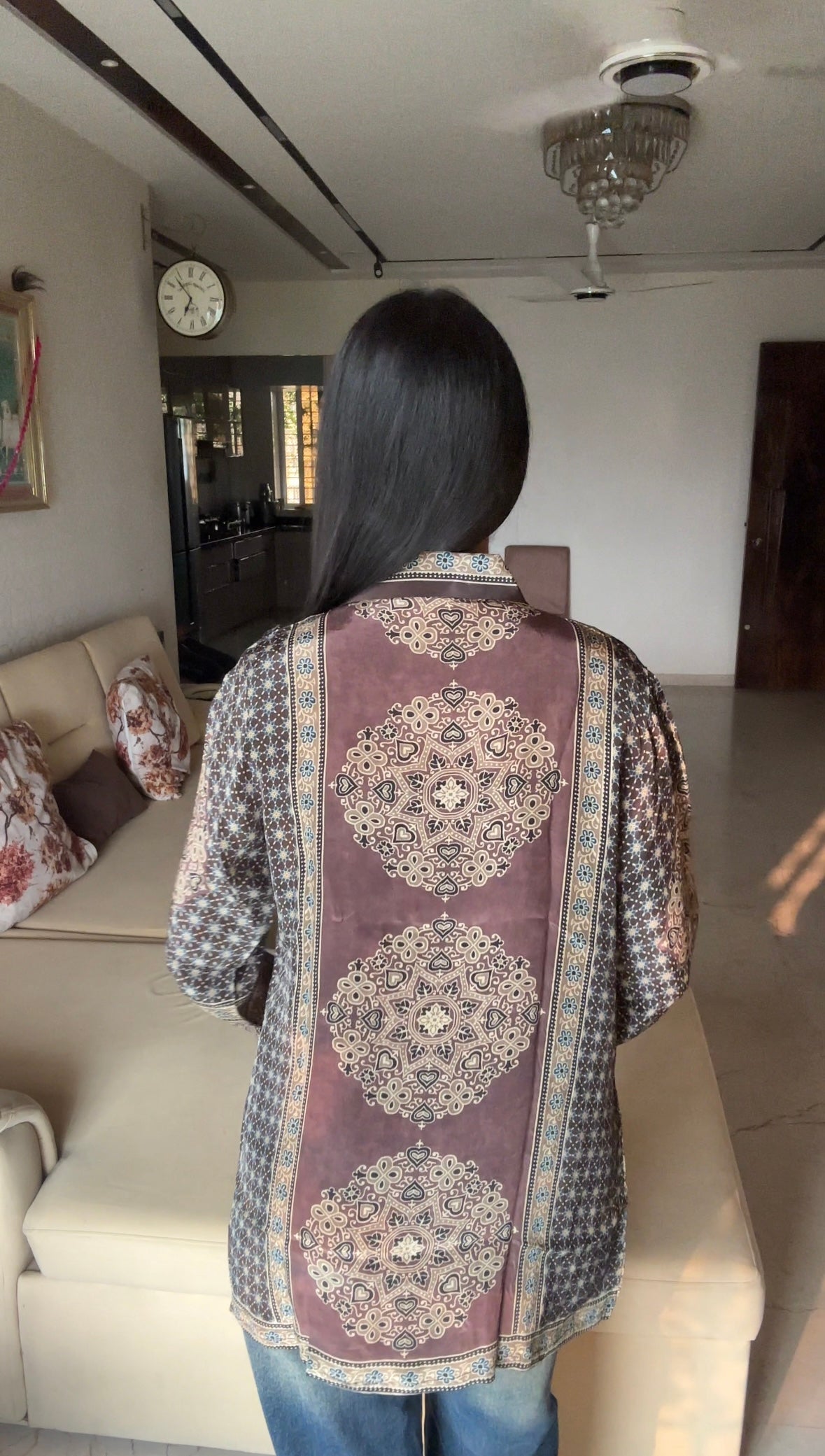 Stripe Brown Ajrakh Printed Indo-Western Crepe Shirt Top