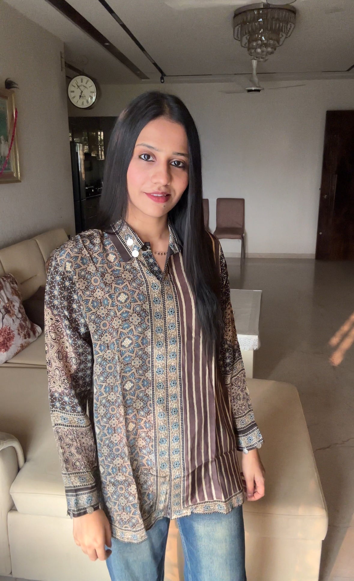 Stripe Brown Ajrakh Printed Indo-Western Crepe Shirt Top