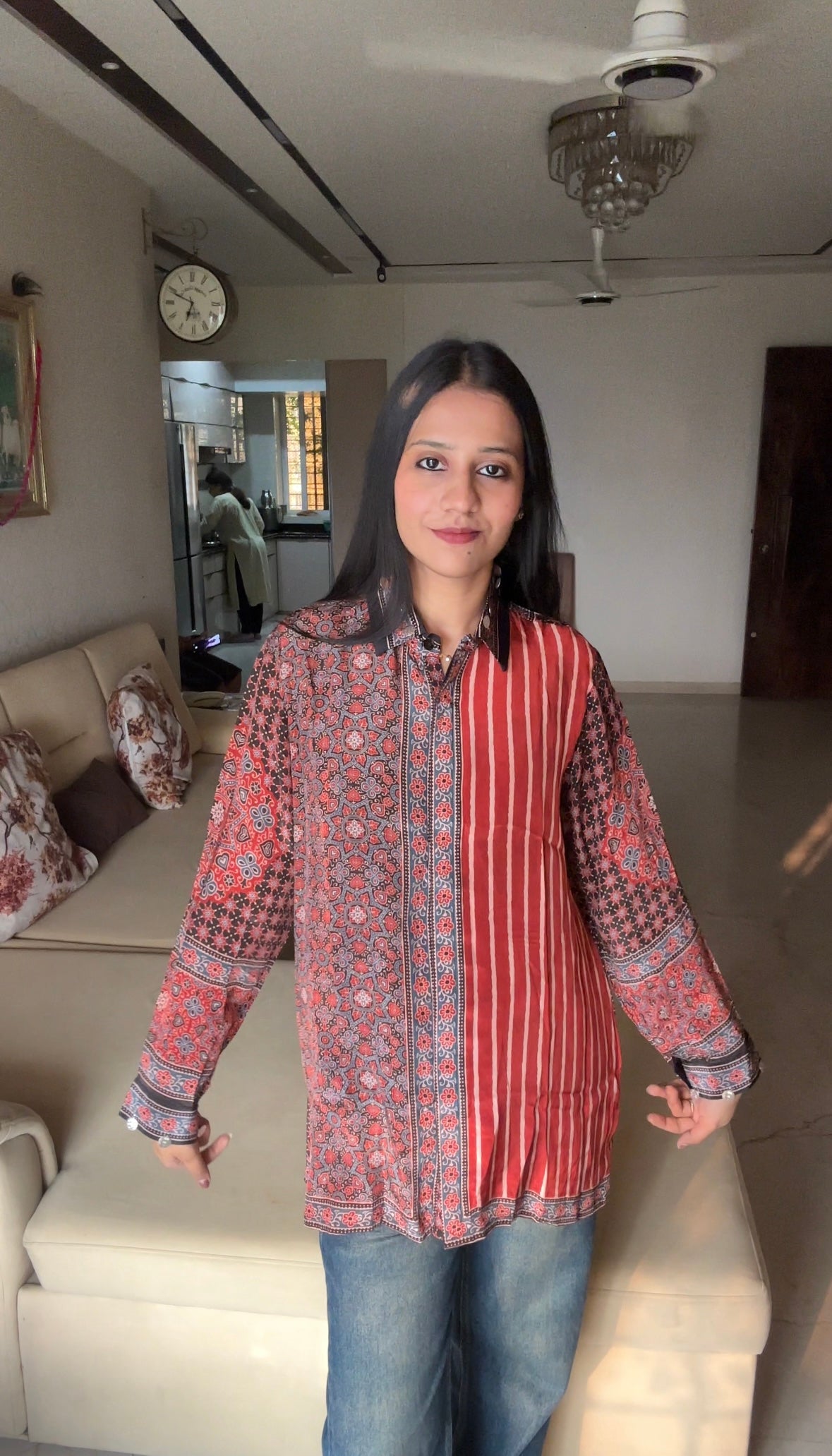 Stripe Red Ajrakh Printed Indo-Western Crepe Shirt Top