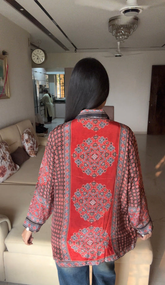 Stripe Red Ajrakh Printed Indo-Western Crepe Shirt Top