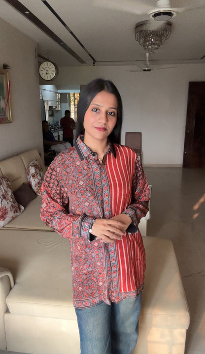 Stripe Red Ajrakh Printed Indo-Western Crepe Shirt Top - shirt