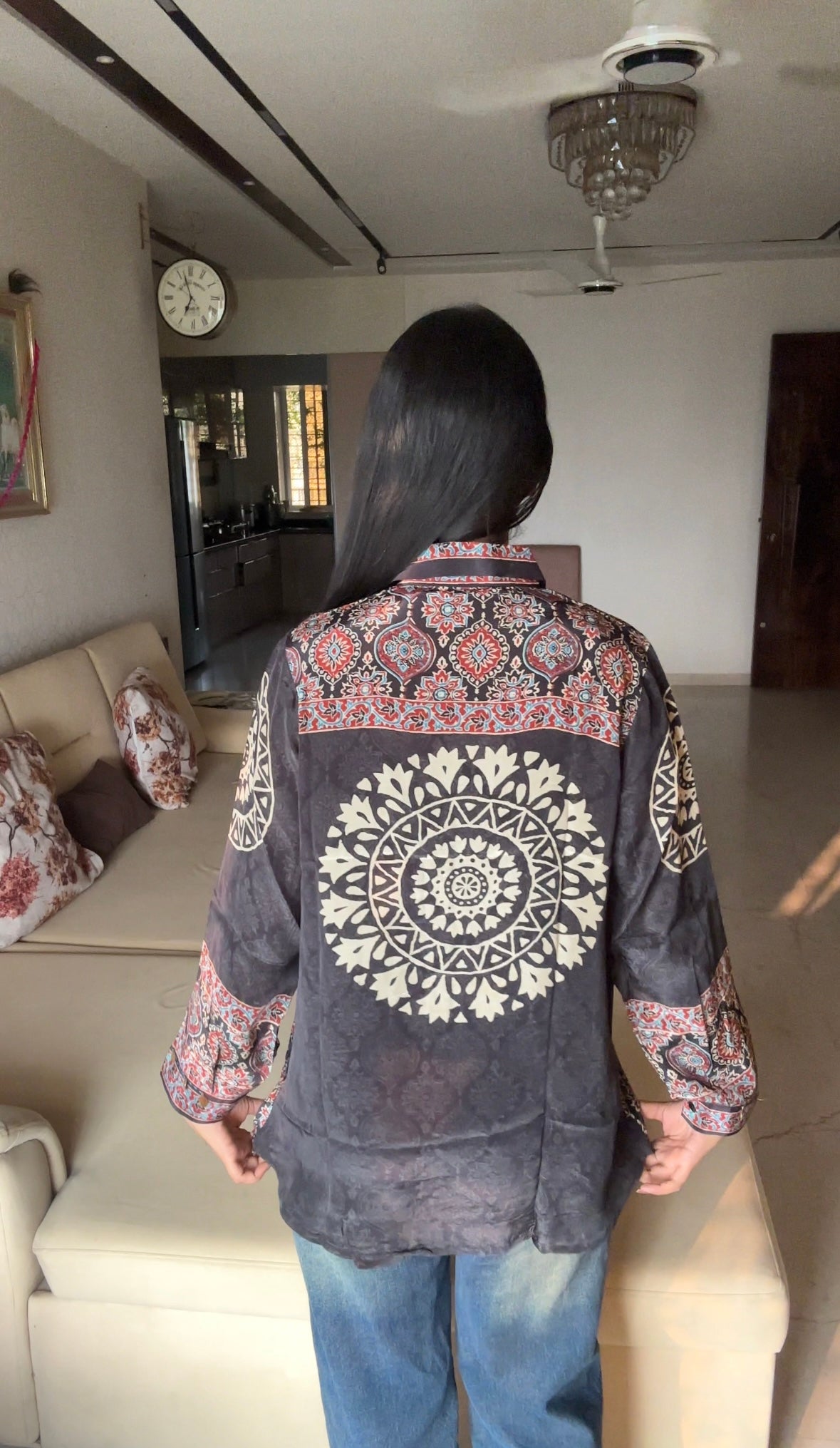Charcoal Ajrakh Printed Indo-Western Crepe Shirt Top