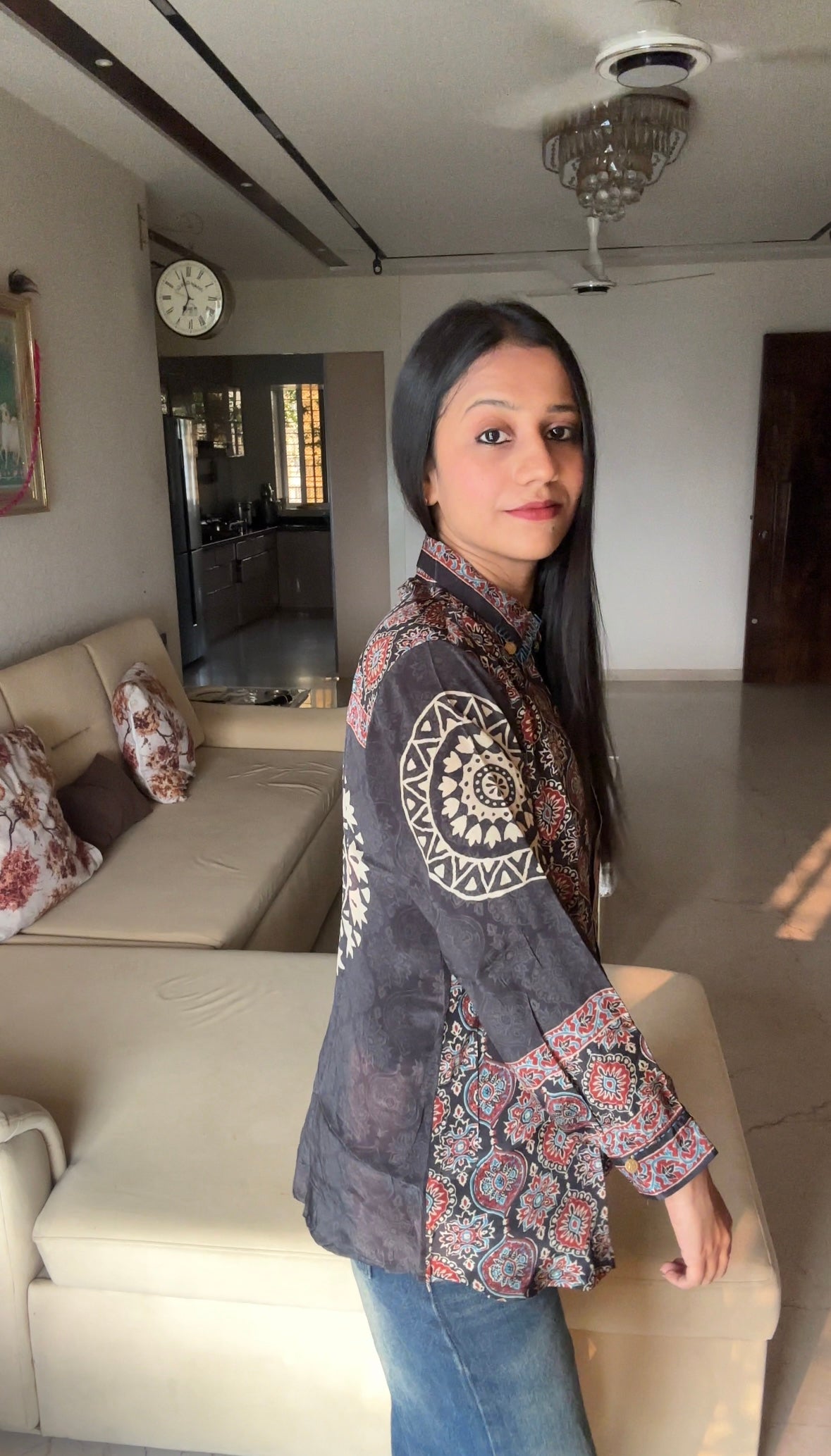 Charcoal Ajrakh Printed Indo-Western Crepe Shirt Top