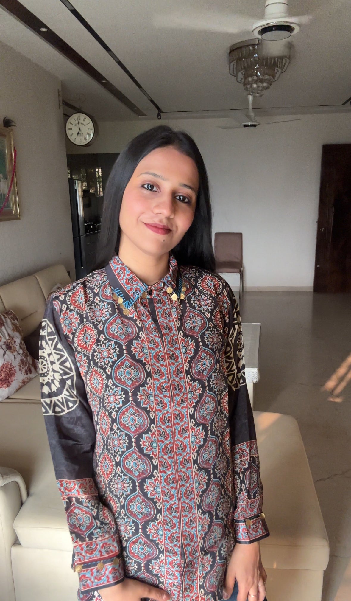 Charcoal Ajrakh Printed Indo-Western Crepe Shirt Top